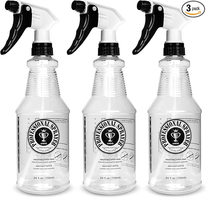Plastic Spray Bottle (24oz 3 Pack) for Cleaning Solutions, Car Detailing Care, Planting, Pet, Clear Finish, Heavy Duty Empty Spraying Bottles Mist Water Sprayer with Measurements & Adjustable Nozzle