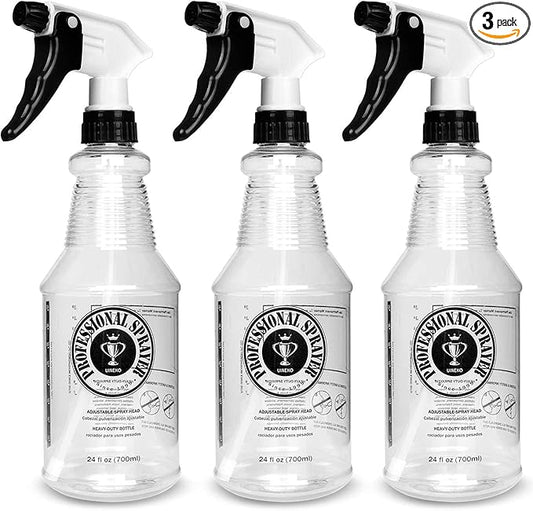 Plastic Spray Bottle (24oz 3 Pack) for Cleaning Solutions, Car Detailing Care, Planting, Pet, Clear Finish, Heavy Duty Empty Spraying Bottles Mist Water Sprayer with Measurements & Adjustable Nozzle