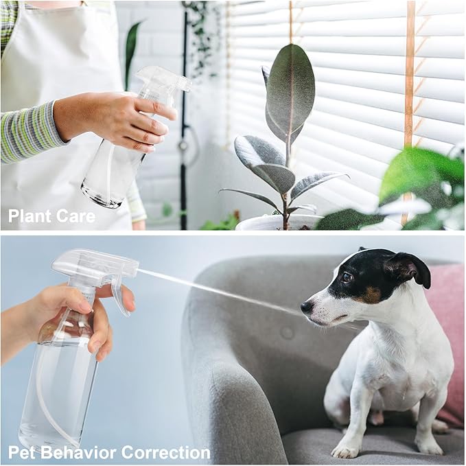 Plastic Spray Bottles, 2-Pack, 16.9 Oz, Mist & Stream, Heavy Duty Spraying, Empty Water Spray Bottle for Cleaning Solutions, Essential Oils, Hair, Plants, BBQ, Cat Dog Behavior Correction (Clear)