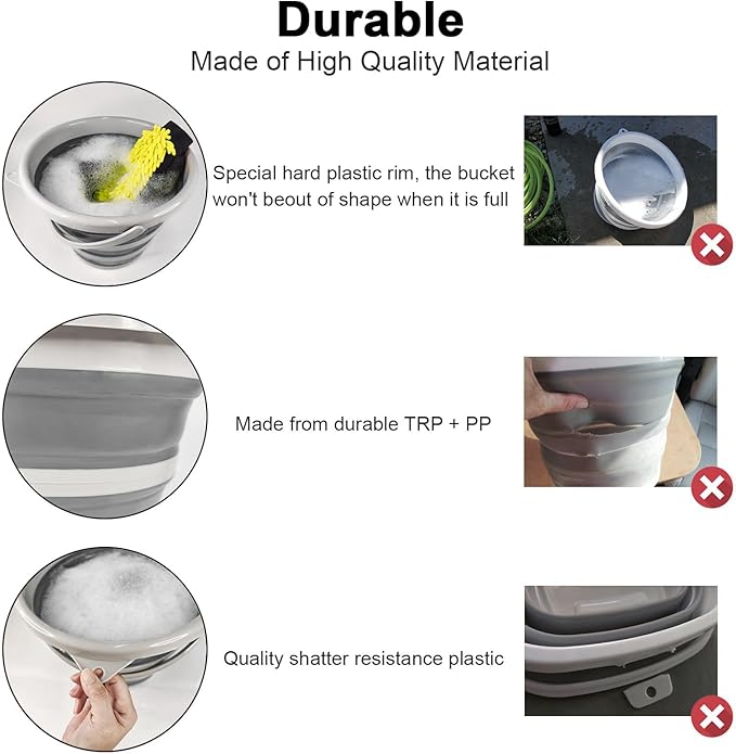 GOLDFOX Collapsible Bucket with Handle - 10L (2.6 Gallon) Portable Water Bucket for Car Wash Household Cleaning, Multiuse Folding Bucket for Outdoor Garden Camping Fishing Car Wash Space Saving- Grey