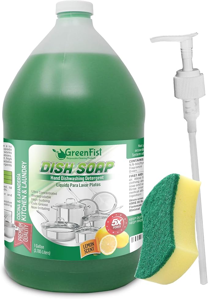 GreenFist Dish Soap Professional Detergent Liquid Pot & Pan Dish-Wash - Light or Heavy Use (Green Dish Soap 1 Gallon W/Sponge & Pump)