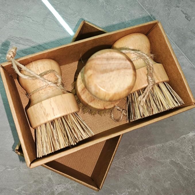 3 Pack Wood Dish Brush Set, Wood Scrub Brush for Dishes with Natural Sisal Bristles for Cleaning Pots, Pans and Vegetables