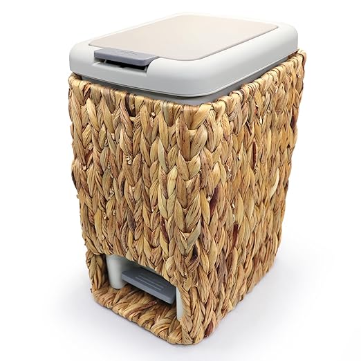 Slim Bathroom Trash Can with Lid, 3 Gallon Small Trash Garbage Can Narrow Rubbish Waste Bin Basket with Press Top Step On Wicker Slim Wastebasket Wastepaper Basket for Bath Bedroom Office