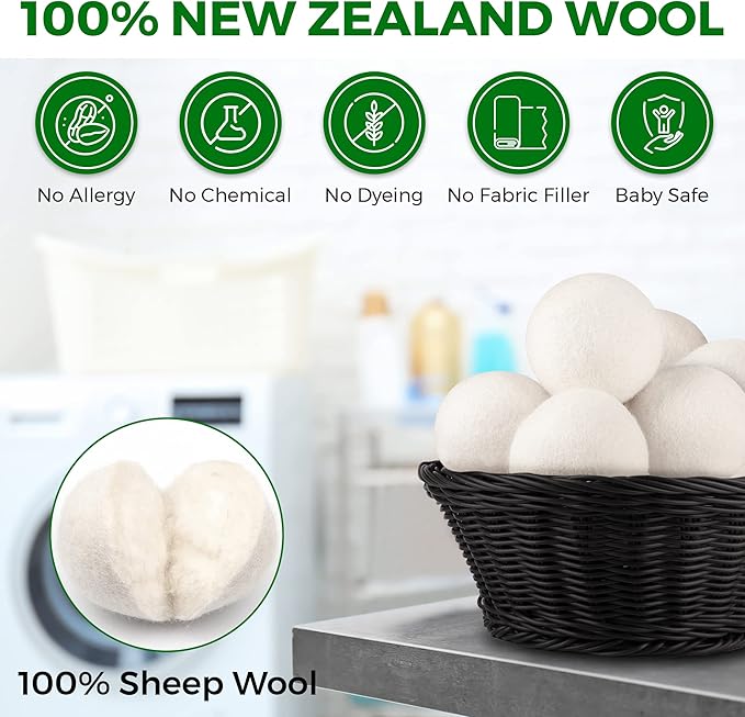 Wool Tumble Dryer Balls– Eco-Friendly Organic Fabric Softener, Reduce Wrinkles & Drying Time, Save Energy, Reusable, Handmade, 100% New Zealand Wool, Baby Safe, Unscented, XL Size (Pack of 6)