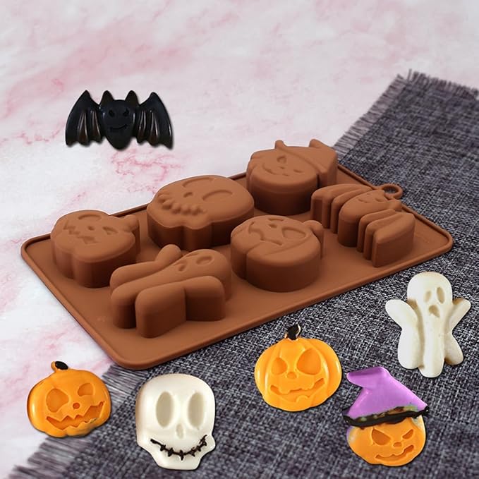 mostsom Chocolate Molds Halloween Chocolate Candy Silicone Mold Ghost Pumpkin Bat Skull Witch Hat Gummy Fondant Baking Mold (A_ 7.28x4.36x0.76 inch)