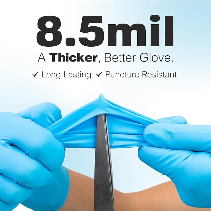 Raxwell Blue Nitrile Disposable Gloves, Latex Free Food Grade, 8.5mil, Extended Cuff, Waterproof, Ambidextrous, Textured Grip