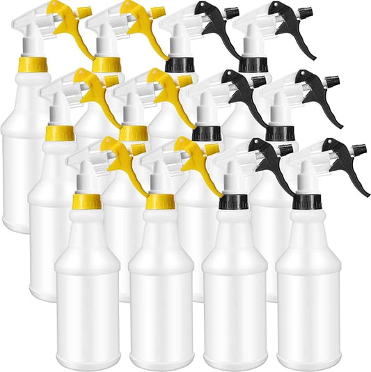 Eccliy 12 Pcs 16 Oz Plastic Spray Bottle, Adjustable Empty Reusable Sprayer for Cleaning, Planting, Water, Bathroom and Kitchen, BBQ, Commercial and Residential(Black, Yellow,Original)