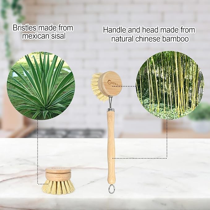 Bamboo Dish Brush with Handle - 4 Replacement Heads, Eco Soft Bristles Vegetable Brush Scrubber for Food, Compostable & Sustainable, Bamboo Dish Scrubber for Cleaning Kitchen Utensils