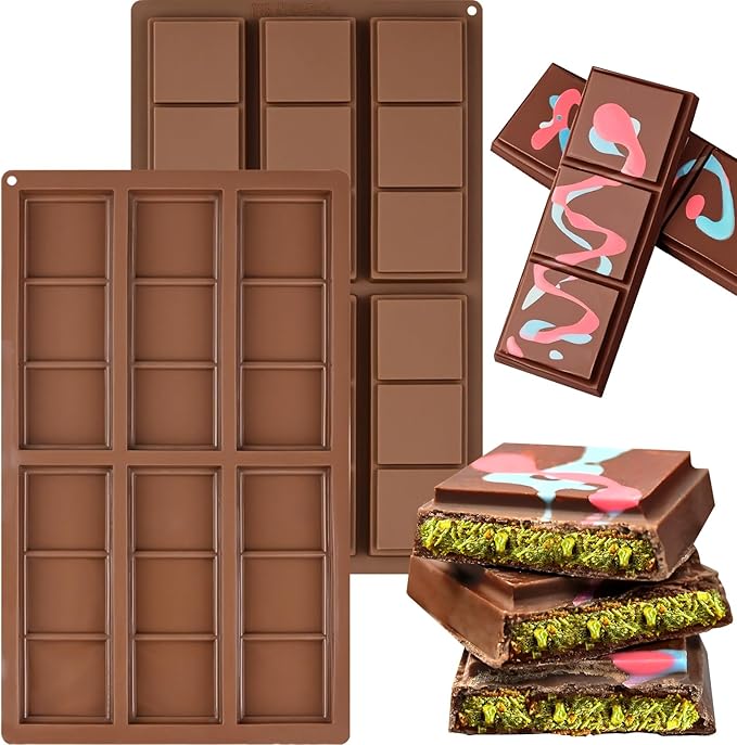 Silicone Chocolate Bar Molds, 2 Packs Square Chocolate Mold Non Stick for Dubai Pistachio Knafeh Thick Stuffed Candy, Break Apart 6 Cavities Deep Chocolate Molds