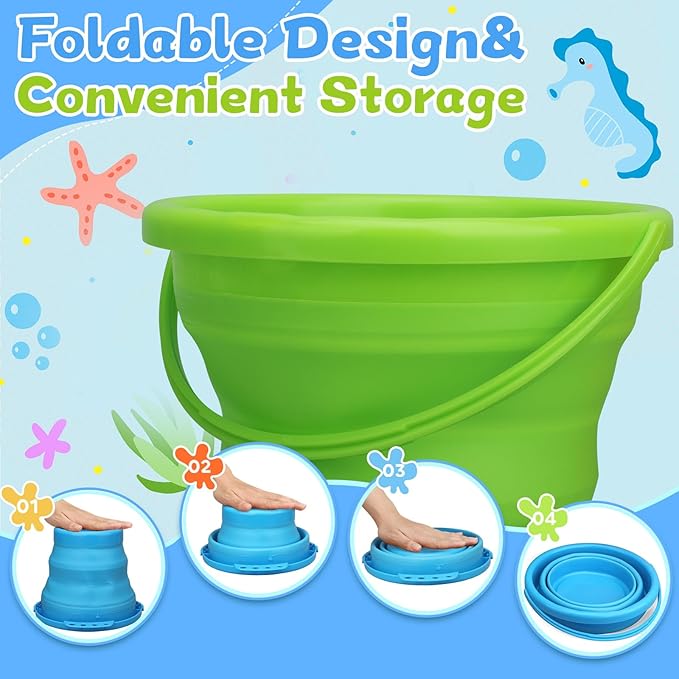 Foldable Beach Sand Toy Bucket for Kids Adults, Jumbo Collapsible Sandbox Bucket, Foldable Pail with Mesh Bag, Multi Use for Garden Beach, Camping, Easter Basket Gift, Fishing, Travelling 3PCS