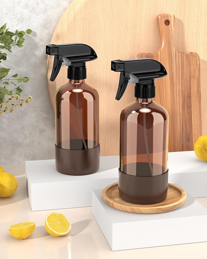 Glass Spray Bottle with Silicone Sleeve Protection, Amber Glass Spray Bottle Set for Window Cleaner Aromatherapy Facial Hydration Watering Flowers Hair Care 2 Pack/16 oz (Brown, 16 oz)