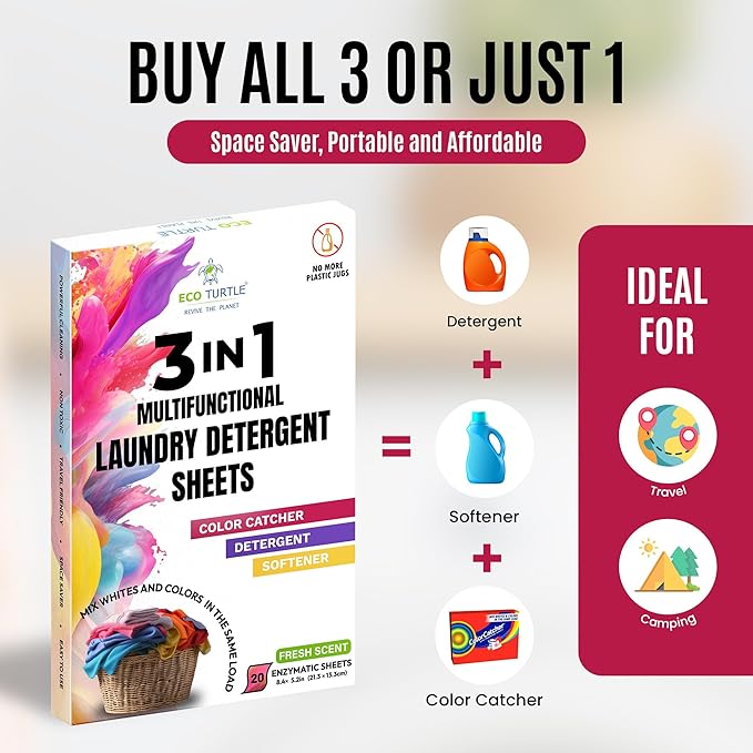 Bundle: Laundry Detergent Sheets & 3-in-1 Laundry Detergent, Fabric Softener, Color Catcher Sheets, Plastic Jug-Free, Easy-to-Use, Eco-Friendly, Laundry Washing Concentrated Liquidless Laundry Soap