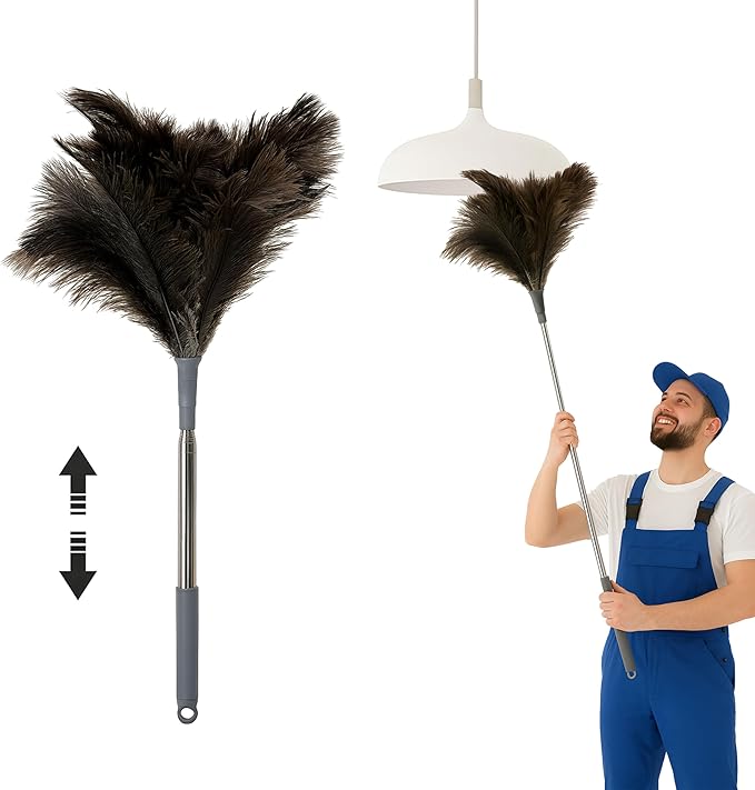 Extendable Ostrich Feather Duster – 51" (1.3 m) Long Reach Telescopic Handle Cleaning Tool, Natural Soft Feather Dusting Brush, Reusable and Durable for Furniture, Blinds, Ceiling Fans, High Shelves