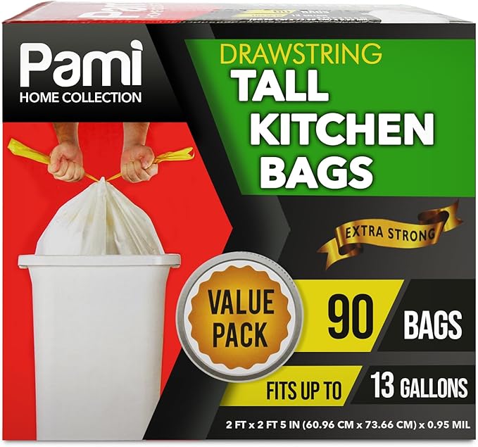 PAMI Tall 13-Gallon Kitchen Drawstring Trash Bags [90-Pack, White] - Extra-Strong Plastic Garbage Bags- Thick Trash Can Liners For Kitchen, Bathroom & Outdoor Bins- 2ft x2ft Unscented Trash Bags