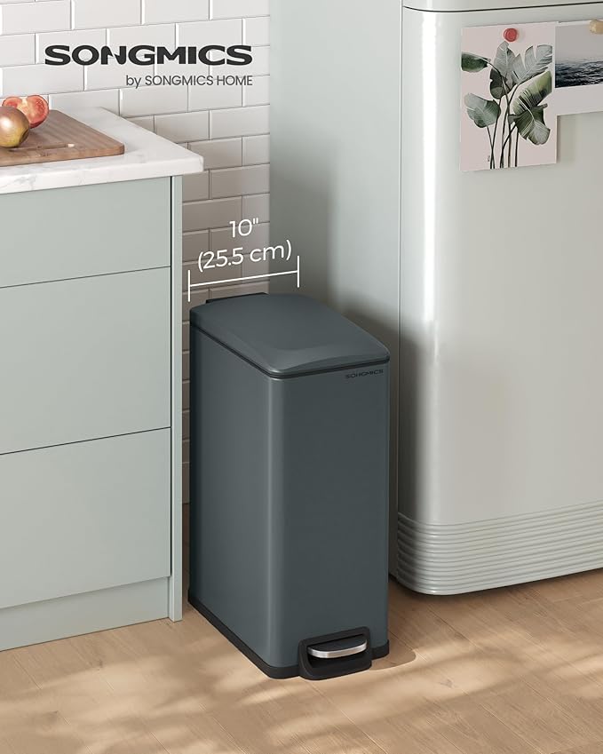 SONGMICS Slim Trash Can, 13-Gallon (50 L) Garbage Can for Narrow Spaces with Soft-Close Lid, Inner Bucket, and Step-on Pedal, Stainless Steel, 15 Trash Bags Included, Charcoal Gray ULTB510G01