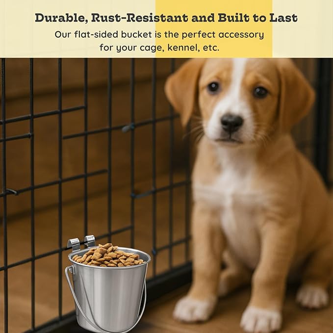 2 Quart Stainless Steel Flat Sided Bucket with Dual Hooks | Durable Food & Water Bowl for Dog Cat Bird & Small Animals | Fits kennel Cage Critter Crate Hanging Pet Pail | Multipurpose use