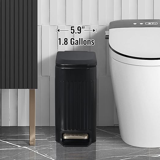 Slim Bathroom Trash Can with Lid Soft Close, Stainless Steel Garbage Can Step Trash Bin with Removable Inner Bucket for Bedroom, Office, Kitchen (Matt Black, 1.8 Gallons)