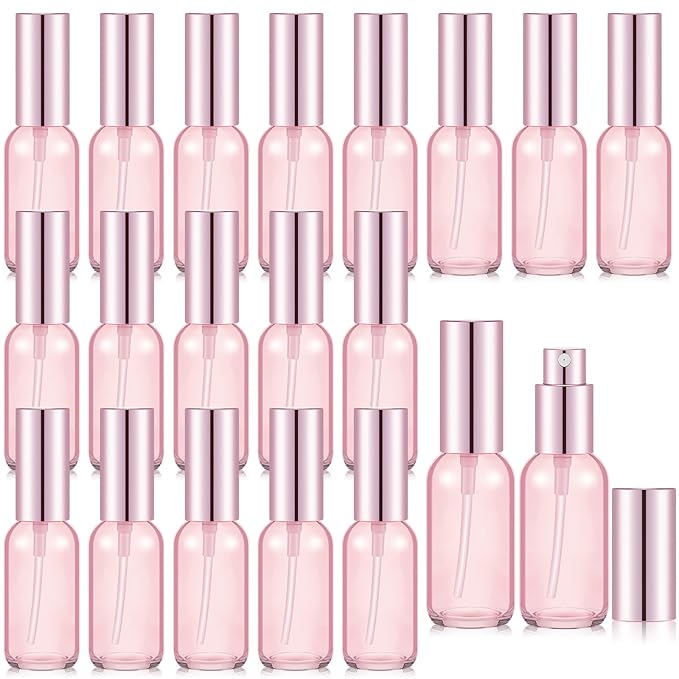 Tessco for you 20 Pcs 1 oz/30 ml Glass Spray Bottles Empty Perfume Atomizer Refillable Clear Decorative Empty Bottles with Fine Mist Sprayer Pump for Face Body Travel(Pink)
