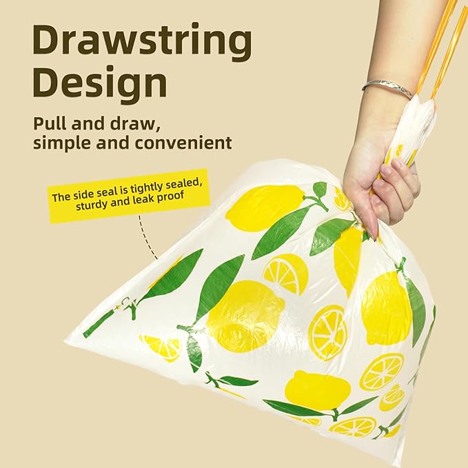 13 Gallon Trash Bags Drawstring, 50 Count Tall Kitchen Trash Bags, Sturdy Large Trash Bags, Lemon Printed Garbage Bags 13 Gallon Tall Kitchen, Tear Resistant Kitchen Garbage Bags for Kitchen