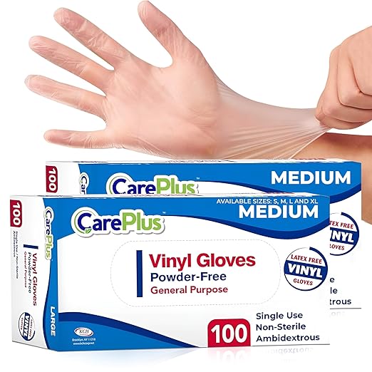 CARE PLUS Vinyl Gloves Clear Medium Size 200 Count | Heavy Duty, Non-Sterile, Powder-Free, Latex-Free Rubber | Food Prep, Kitchen & Cleaning Gloves, Ideal for Professional Use