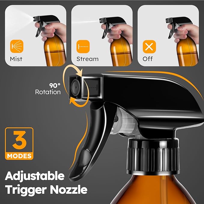 Tecohouse Amber Glass Spray Bottles 8oz, 2 Pack 360° Water Spray Bottle for Cleaning Upside Down Spray Bottles Mister Squirt Bottle with Adjustable Nozzle for Hair, Plant, Pet