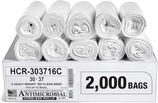 Aluf Plastics High Density Trash Bags, 30 Gallon, 2000 Count, 16 Micron (eq), 30" x 37", Clear, for Bathroom, Office, Industrial, Commercial, Janitorial, Municipal, Recycling