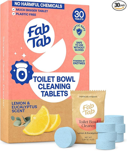 Fab Tab Toilet Bowl Cleaner Tablets, Powerful Stain Removal, No Harsh Chemicals, Plastic-Free, Removes Rust & Stains, Safe for Regular and Septic Tank Toilets, Lemon & Eucalyptus Scent