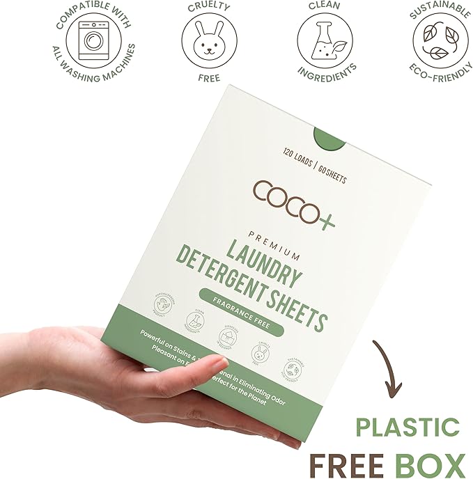 COCO+ Laundry Detergent Sheets - Nano-Concentrated with Enzymes, Hypoallergenic & Plant-Based - Deep Clean, Safe for Sensitive Skin - (120 Loads 60 Sheets) - Fragrance Free