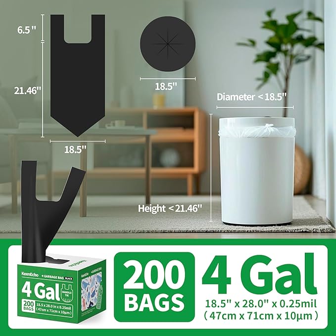 Small Trash Bags with Handles 4 Gallon 200 Count Black - Ocean Plastic Upcycling - Plastic Garbage Bags, Can Bin & Waste Basket Liner for Kitchen, Bathroom, Office and Pets