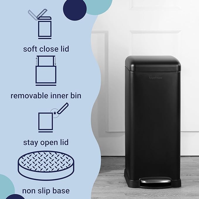 happimess HPM1007B Betty Retro 8-Gallon Step-Open Trash Can with Soft-Close Lid, Fingerprint Resistant, Modern, Minimalistic for Home, Kitchen, Laundry Room, Office, Bedroom, Bathroom, Black