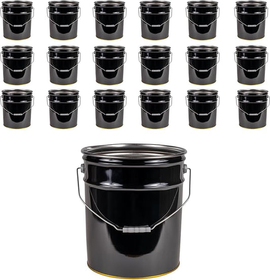 ATERET 5 Gallon Black Metal Bucket, Heavy Duty Durable Steel Open Head Pail with Handle for Outdoor and Household Use (18 Pack - Bucket Only)