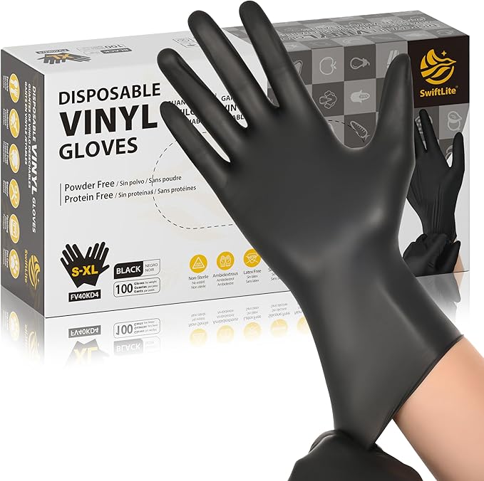 Black Vinyl Gloves, Food Grade Gloves Disposable Latex Free & Powder Free, Guantes for Cleaning Cooking Food Prep