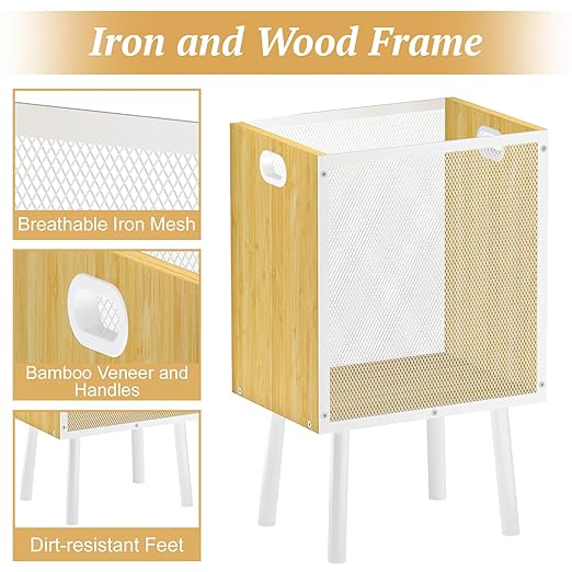 Small Trash Can Bamboo Waste Basket Garbage Can with Handles and Metal Mesh – Rectangular Wood Trash Can with Iron Frame & Legs, Cute Trash Bin for Living Room, Office, Bedroom, Bathroom, 4.5 Gallon