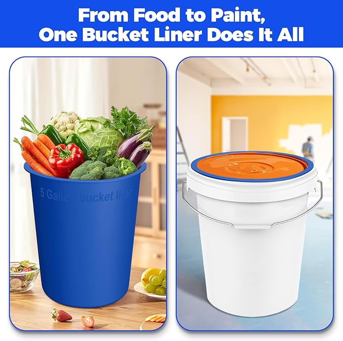 5 Gallon Bucket Liner with Lid- Food Grade Reusable Silicone Bucket Liner for Concrete Mix and Mud (Blue, 5 Gallon with Lid)