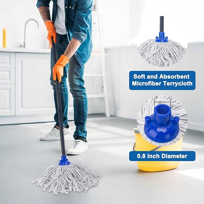 KeFanta Mop for Floor Cleaning,2 Pcs Cotton String Wet Mops Replacement Head Refill Compatible with Microfiber Cloth Mop & 0.8" Diameter Mop Handle(1 Handle & 2 Mop Heads)