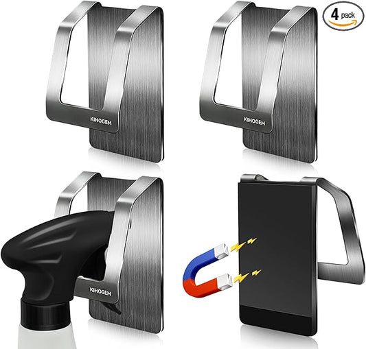 KIHOGEM Magnetic Spray Bottle Hanger, Stainless Steel Spray Bottle Holder with Strong Magnetic Backing for Refrigerator Grill RV (4pcs)