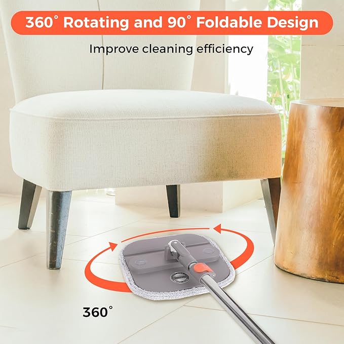Spin Mop and Bucket Set, 360 ° Rotating Floor Mop with Separation Dirty and Clean Water System, Square Floor Cleaner for Mopping with Handle, Cleaning Brush and 2 Washable Ultra-fine Fiber Pads