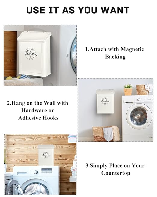 Magnetic Lint Bin for Laundry Room Organization and Storage with Brush, Wall-Mounted Laundry Dryer Lint Bin for Laundry Room Decor, Space-Saving Laundry Trash Can (Cream)