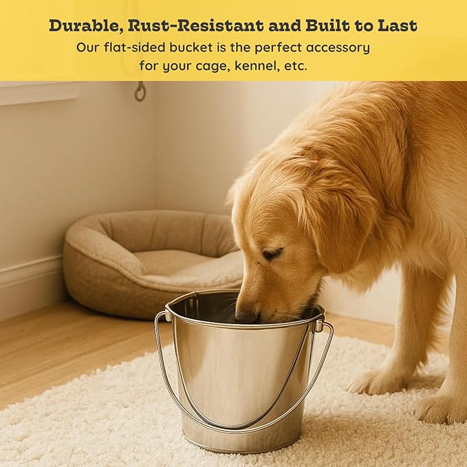 9 Quart Stainless Steel Flat Side Bucket | Durable Heavy Duty Food & Water Feeding Pails for Dog Goat Sheep horse | Fits kennels Cage Critter Crates Hanging Pet Pail | Multipurpose Bucket