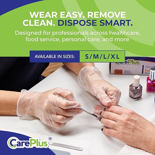 CARE PLUS Vinyl Gloves Clear Small Size 1000 Count | Heavy Duty, Non-Sterile, Powder-Free, Latex-Free Rubber | Food Prep, Kitchen & Cleaning Gloves, Ideal for Professional Use