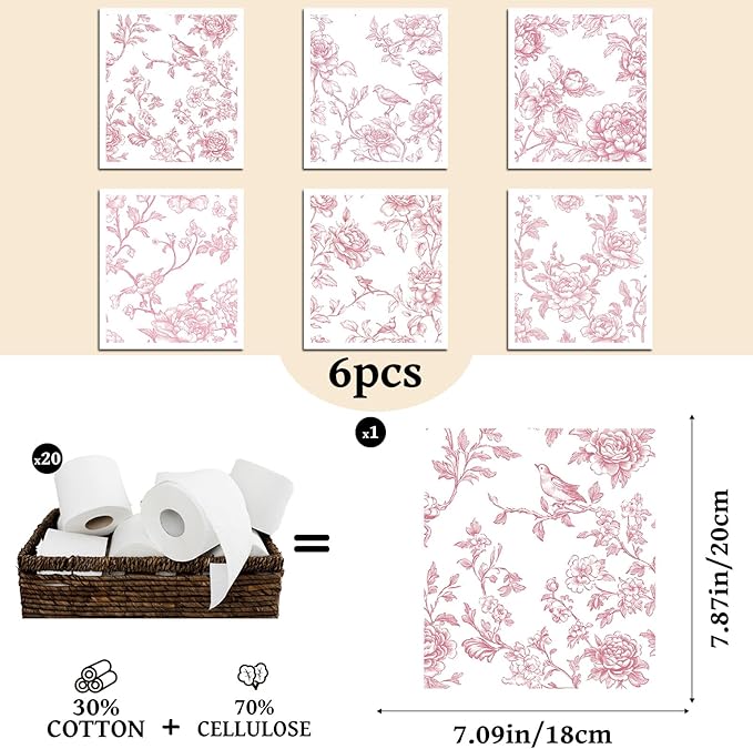 Pink Floral Swedish Dishcloths for Kitchen, 6 Pack Reusable Vintage Chinoiserie Dish Cloth, Absorbent Sponge Cleaning Cloths Towels for Home Cleaning Quick Drying Washable No Odor Hand Towel