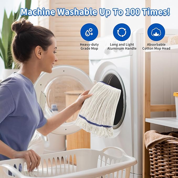 35QT Side-Press Mop Bucket and Wringer Combo on Wheels, Yellow,Including One Heavy Duty Industrial Mop and One Set Large Rubber Cleaning Gloves