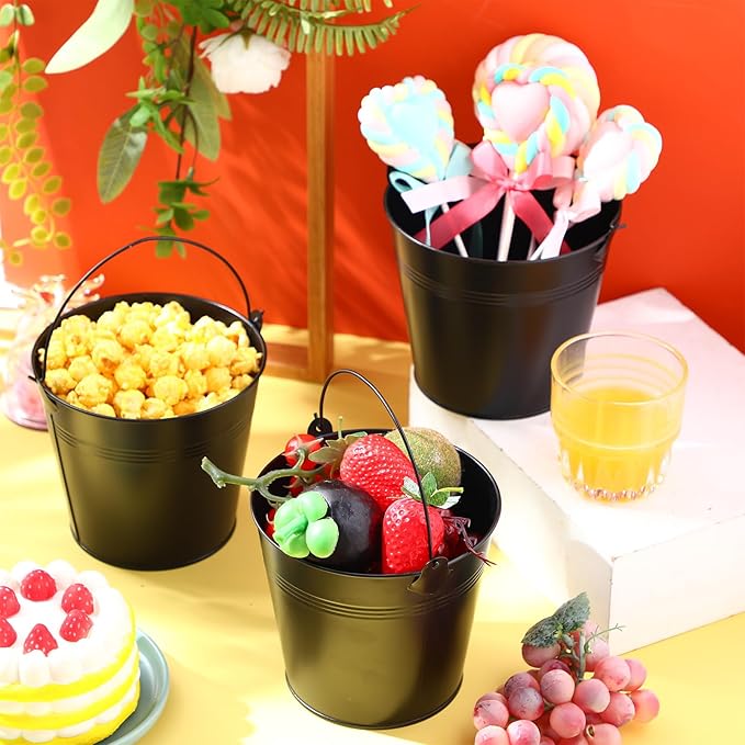 Rtteri 24 Pcs Small Metal Buckets with Handle Mini Buckets Bulk for Easter Party Favors Classroom Pencil Holder Flower Pot Plant Basket for Crafts DIY Projects, 6 x 5 Inch(Black)