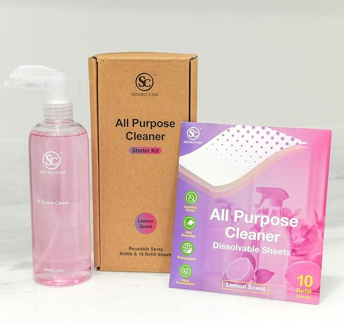All-Purpose Cleaner Starter Kit (Multi-Surface, Dissolvable, Sustainable & Earth-Friendly Sheets) – Includes Reusable Spray Bottle + 16 Refills – Fresh Lemon Scent