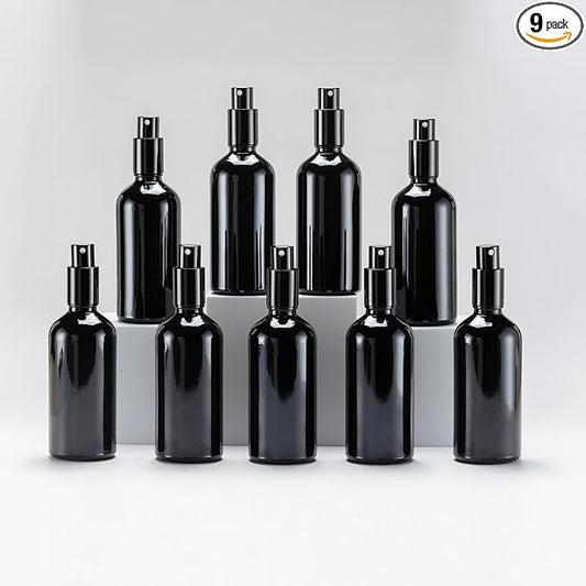 YIZHAO Black Glass Spray Bottles 4oz, with Small Fine Mist Spray, Metal Cap, Refillable for Essential Oil,Travel,Cleaning,Perfume,Aromatherapy,Makeup – 9 Pcs