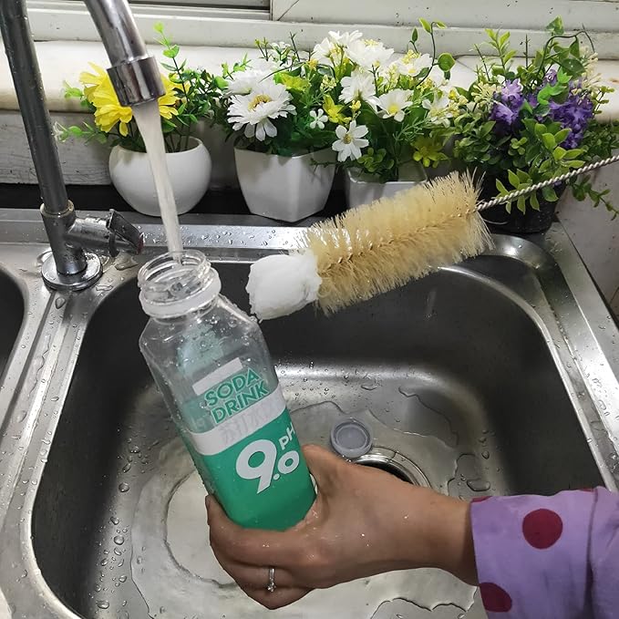 Coralpearl Bottle Brushes Thin Long Handle X 4, Skinny Wire Cleaner Set in Stainless Steel with Natural Boar Bristle at Wool Tip, Bendable Flexible for Cleaning Narrow Neck Bottles, Pipe, Tube, Hose