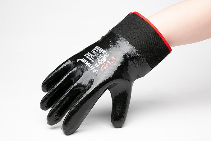 Oil Grasp 374 INKER Gloves, Large Cuff, Nitrile Coated Gloves, Oil-Immersion & Acid-Alkali Resistant, Durable & Abrasion-Resistant,Size 10, Black(Pack of 12)