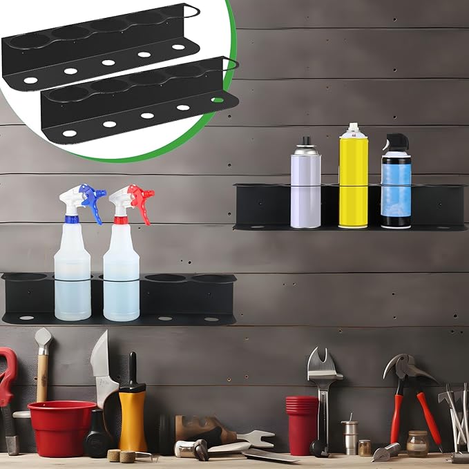 Therwen 2 Pcs 5 Holes All Purpose Steel Spray Bottle Holder Heavy Duty Spray Can Holder Rack Organizer Easy Install Wall Mount Paint Bottle Organizer Storage Rack for Garage Home Workspace(Black)