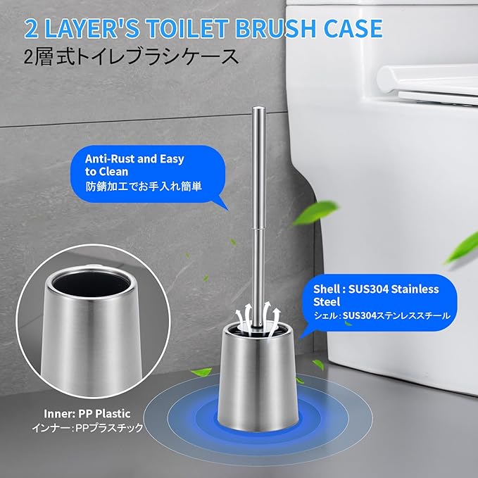 SUS304 Stainless Steel Toilet Brush and Holder Toilet Brush Bowl Cleaning Brush Double Layer Holder Long Brush Handle High Density Silicone Head