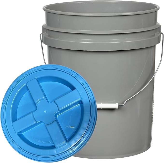 House Naturals 5 Gallon Food Grade BPA Free Made in USA Pails Gray Bucket with Screw On Air Tight Lid (1, Gray with Aqua lids)